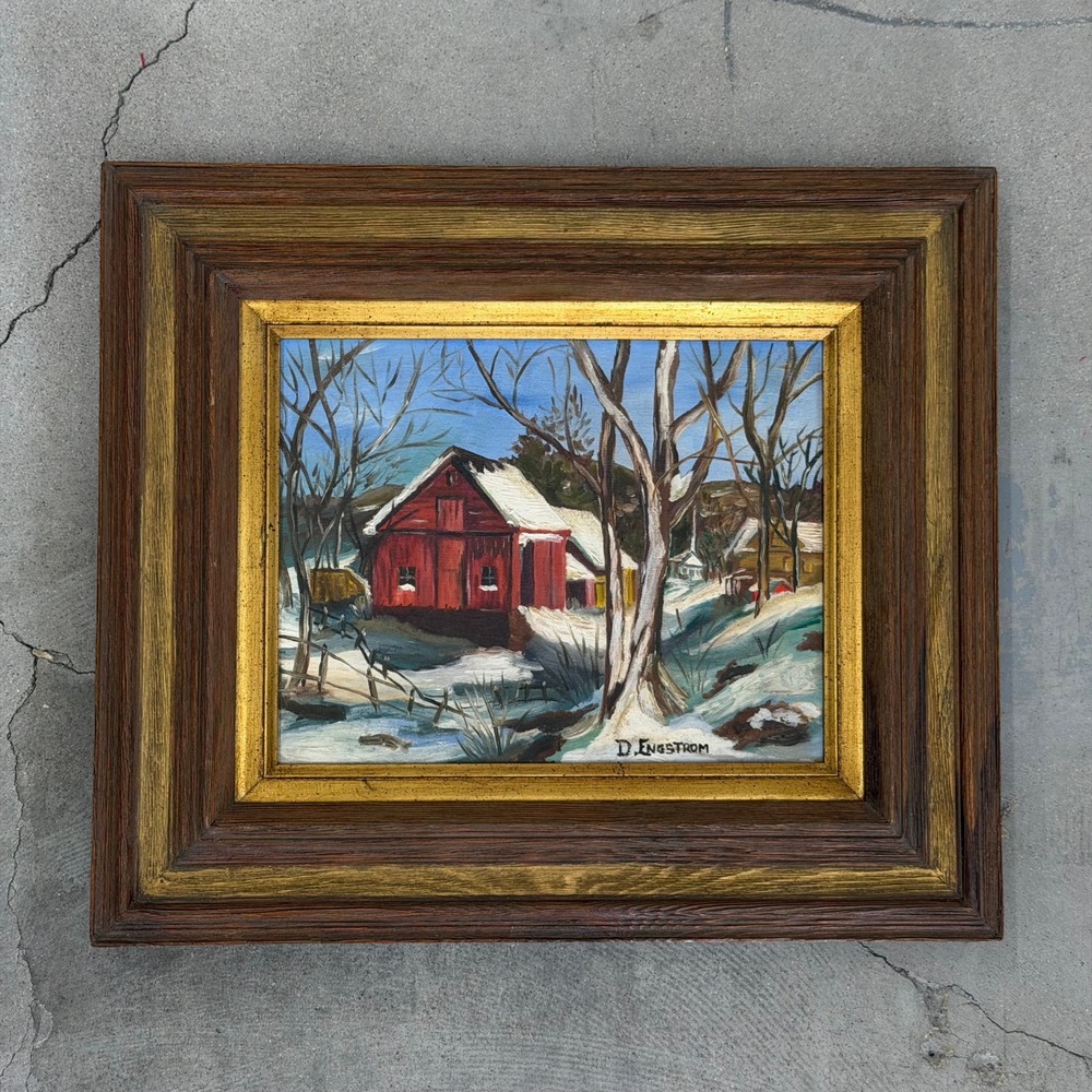 Vintage Red Barn Winter Landscape Oil Painting D. Engstrom 1977 Framed 22x18